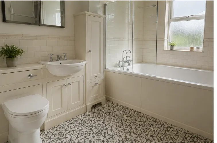 Bathroom with fitted storage and coordinated bath or shower fittings