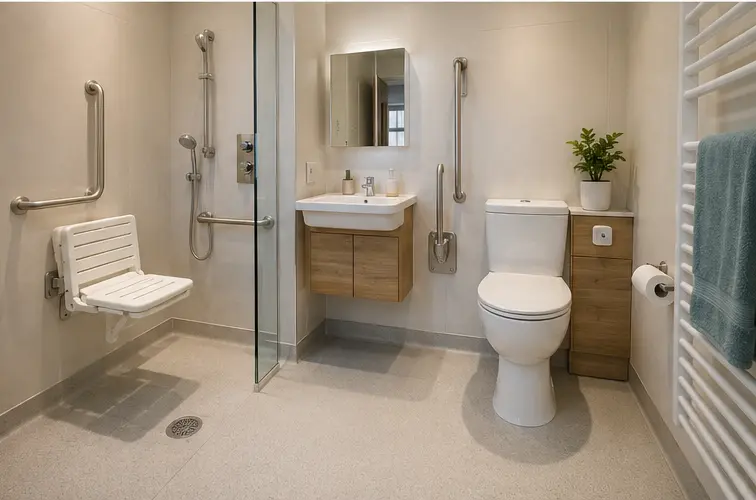Bathroom with fitted storage and coordinated bath or shower fittings