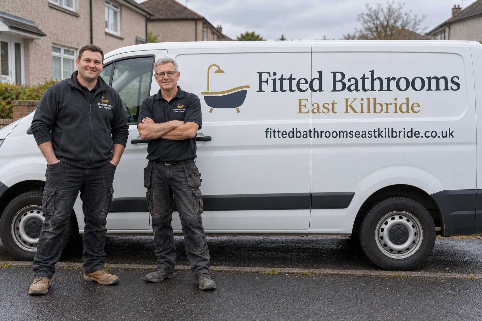 Two men in workwear beside a professionally signwritten Fitted Bathrooms East Kilbride van